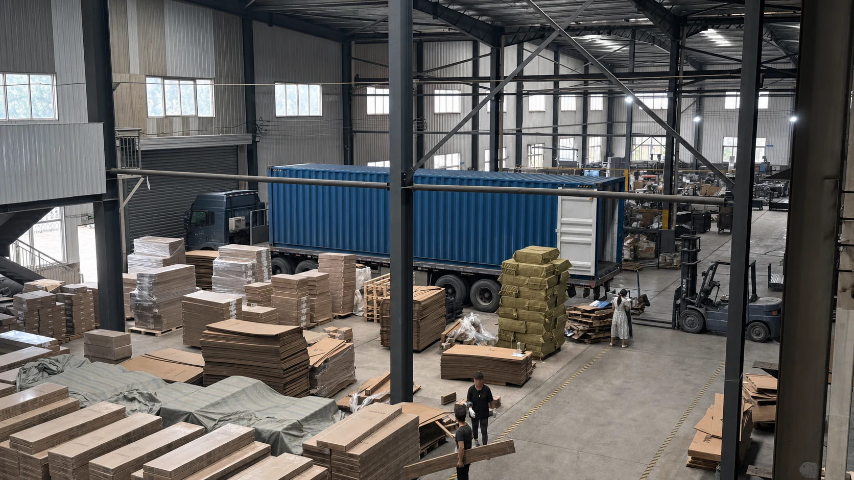 Packaged radiator stock and shipping containers inside the Sunlike factory dispatch area