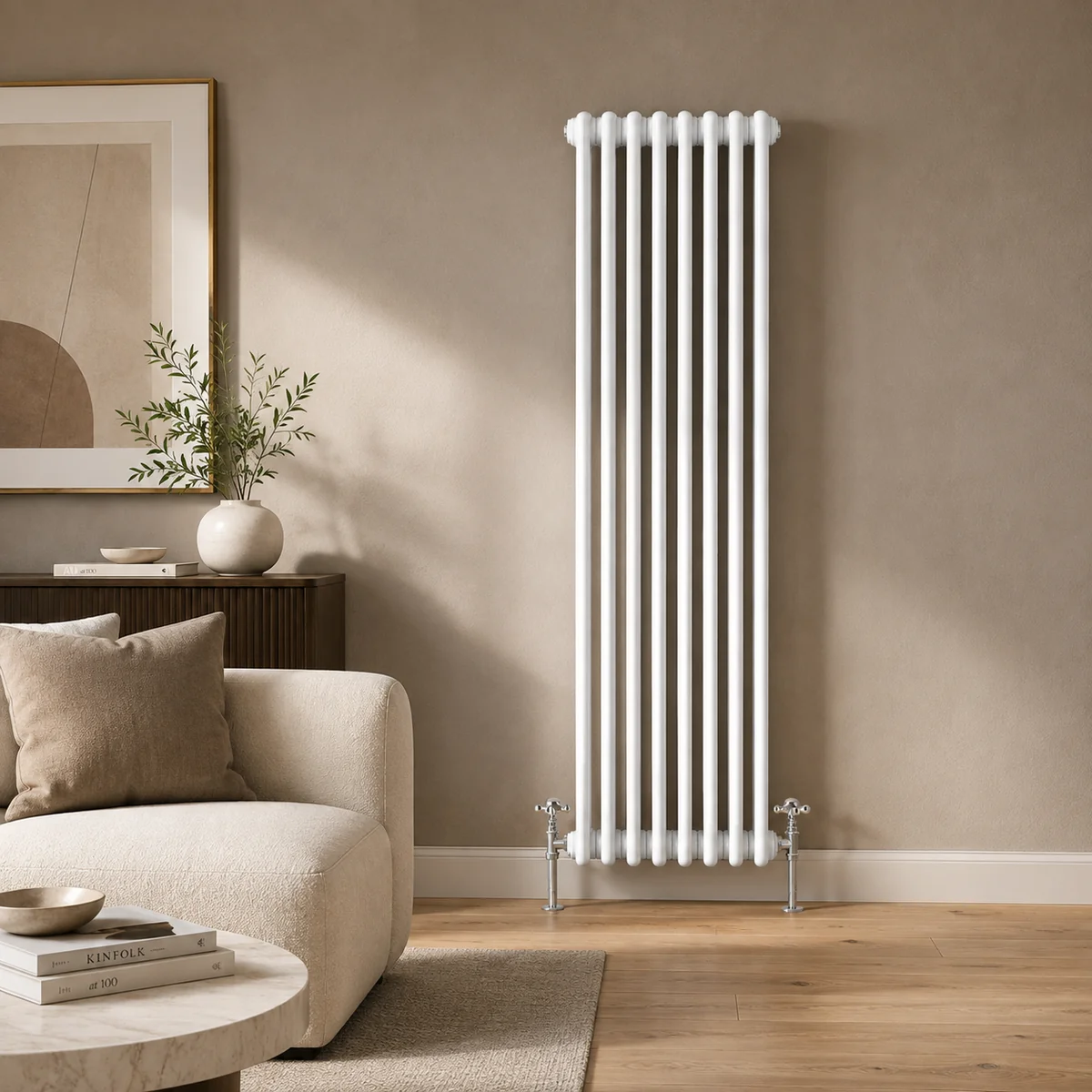 White vertical column radiator in a warm modern living room