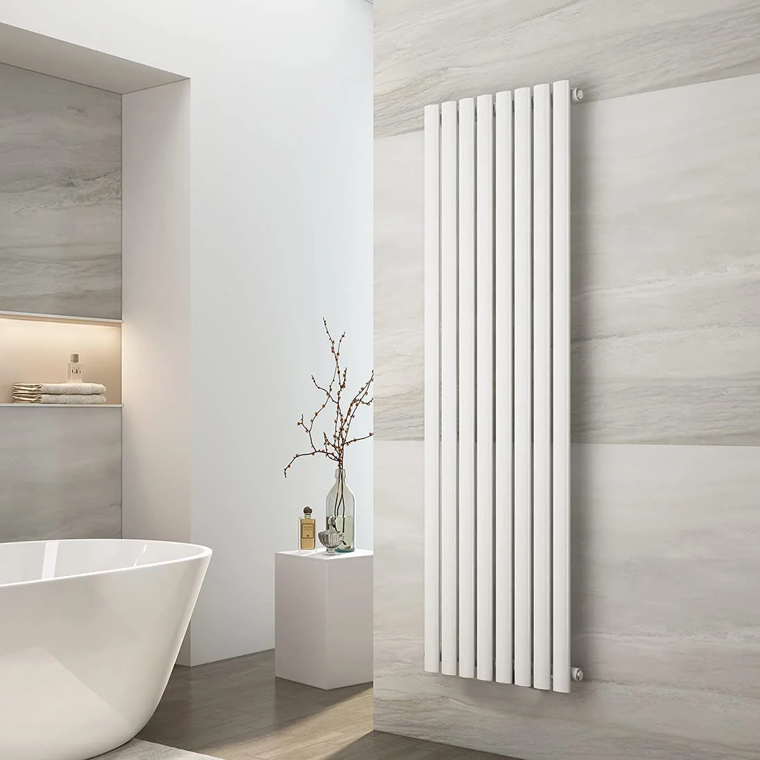 White vertical flat-panel designer radiator in a contemporary bathroom