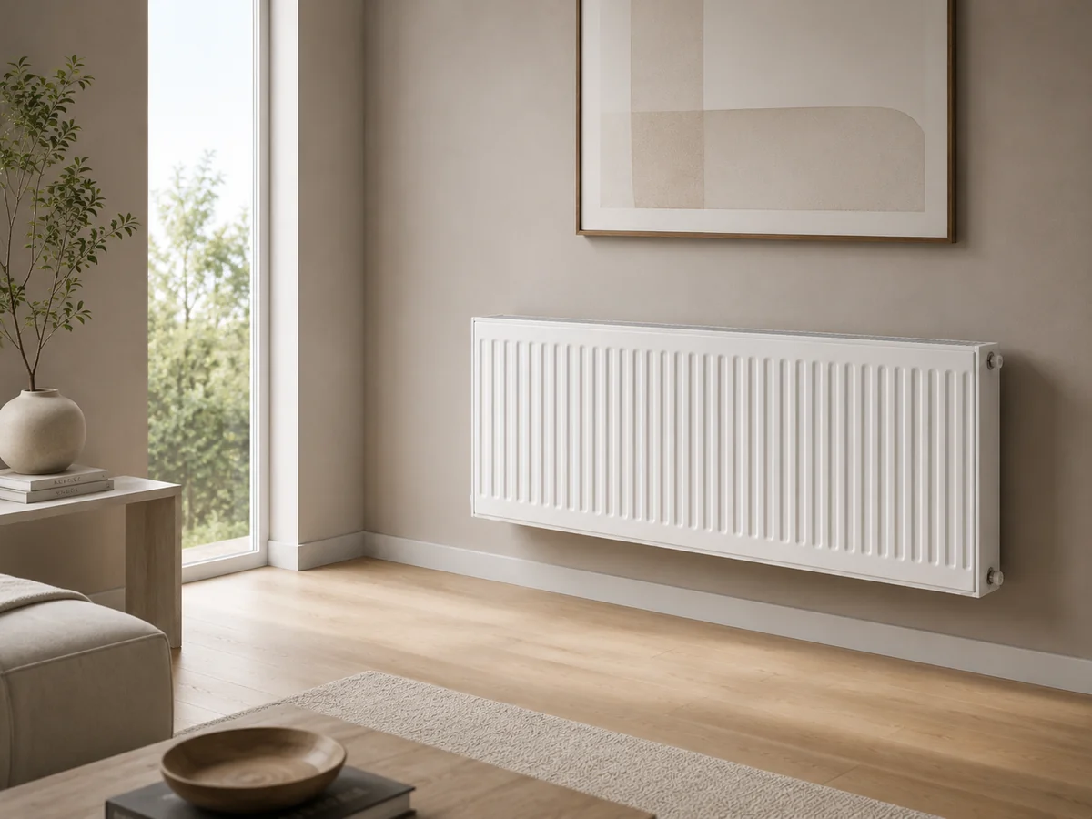 White horizontal compact panel radiator in a modern living room