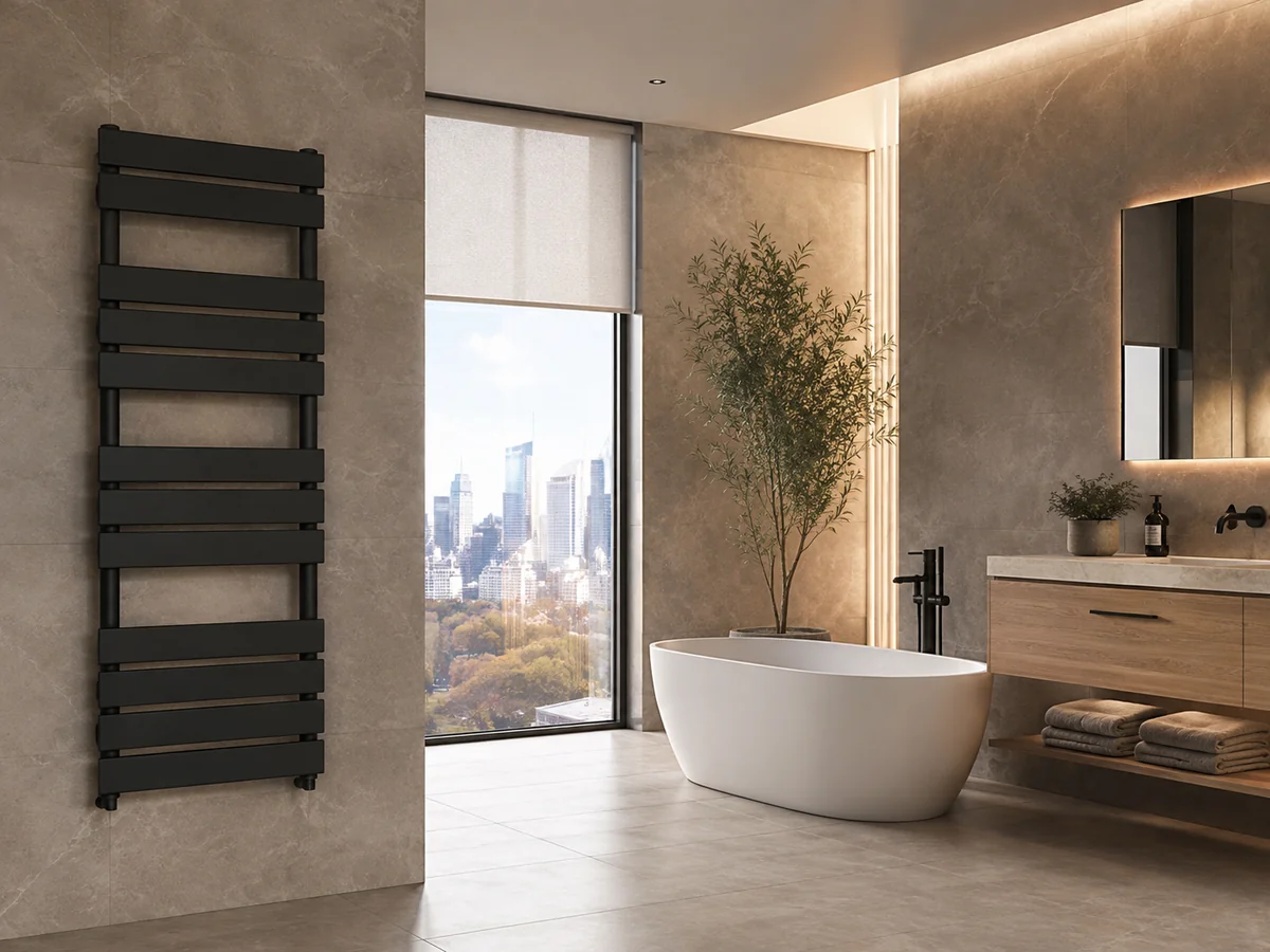 Anthracite flat-bar heated towel rail in a modern bathroom