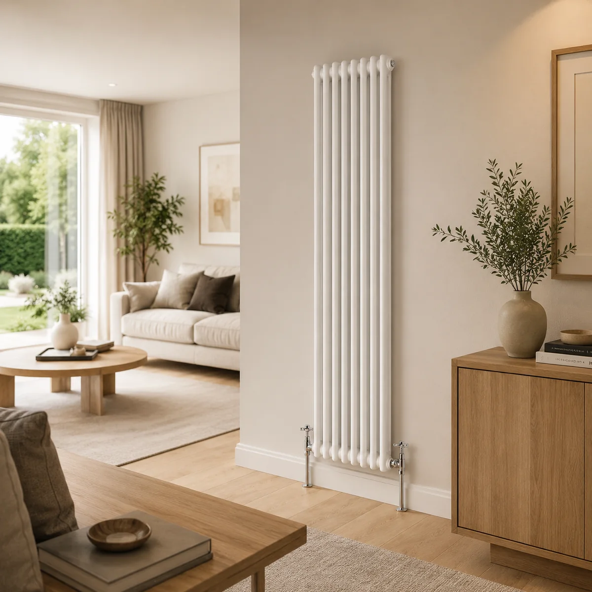 White vertical column radiator in a warm contemporary living room