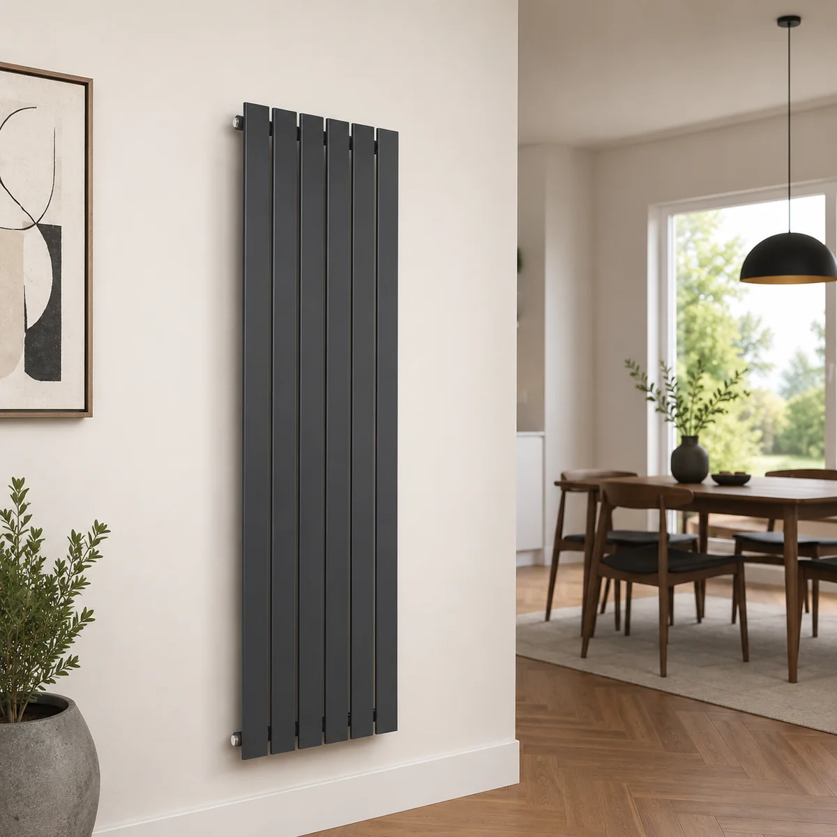 Anthracite vertical designer radiator in a modern dining interior