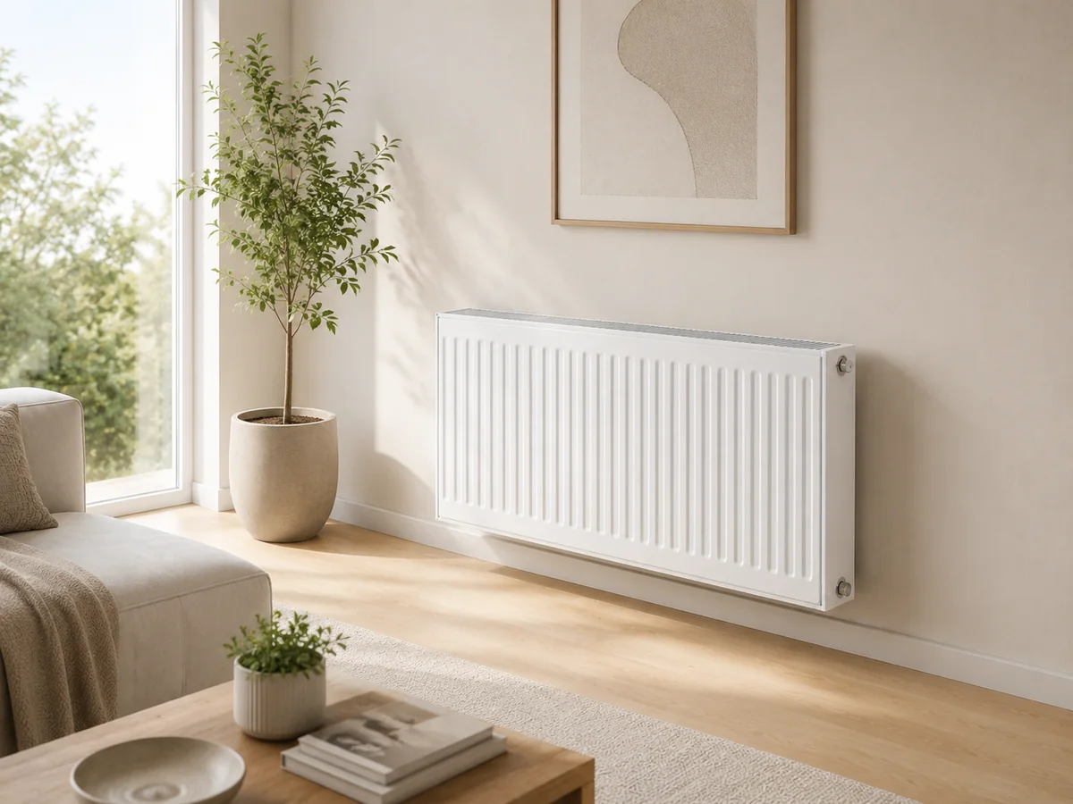 White horizontal panel radiator in a bright living room